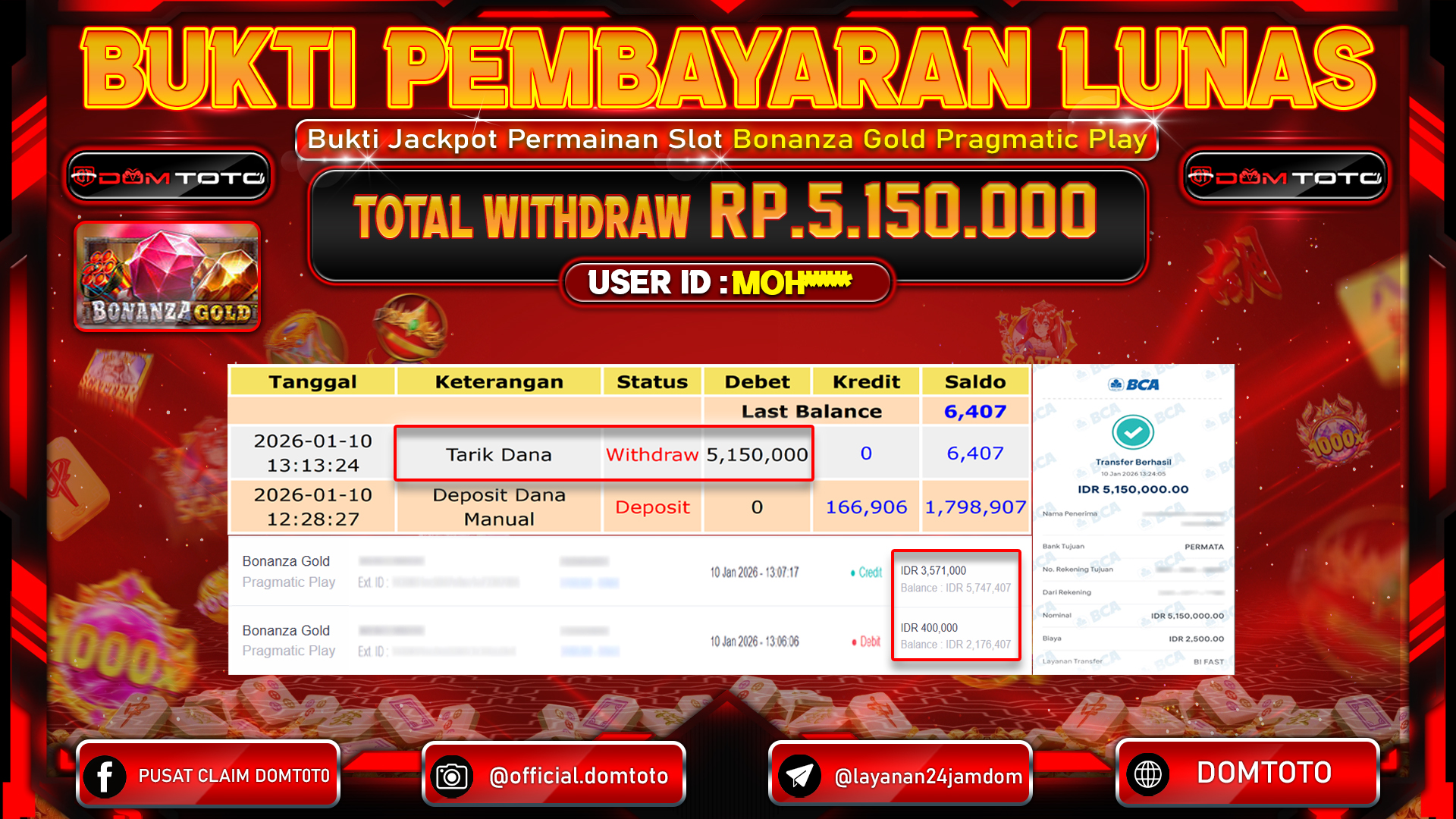JACKPOT Slot Bonanza Gold Pragmatic Play 10 JANUARI 2026